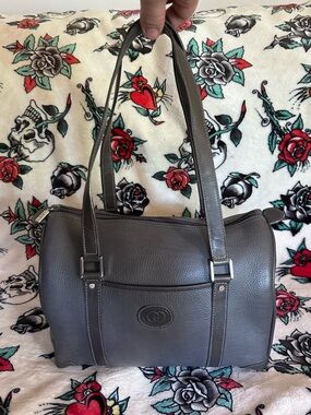 Gucci Interlocking Double GG Pebbled Anthracite Calfskin Leather Boston Handbag